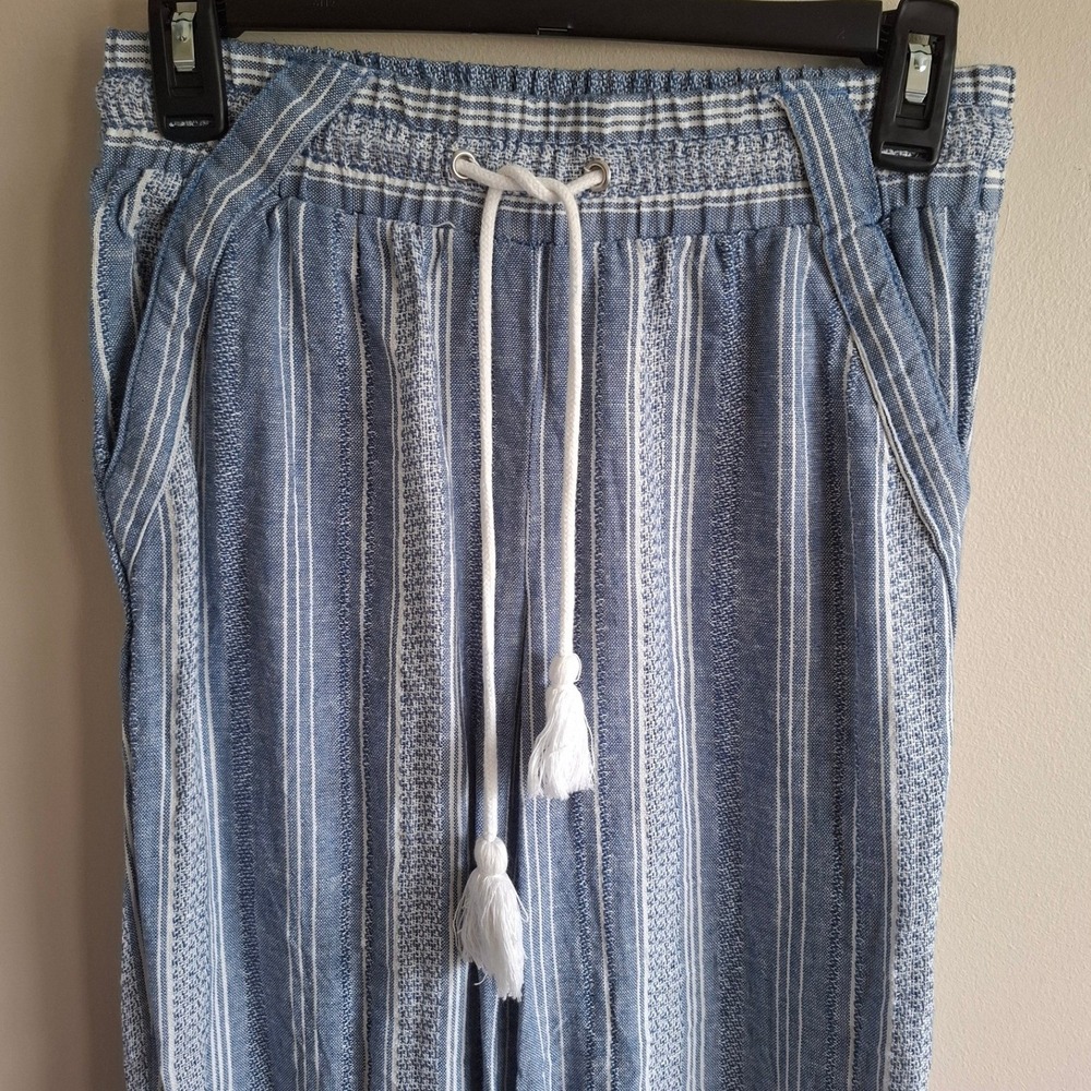 Blue Boho Flowy Striped Linen Blend Pants Tassels Lightweight Beach Airy JOLT XS